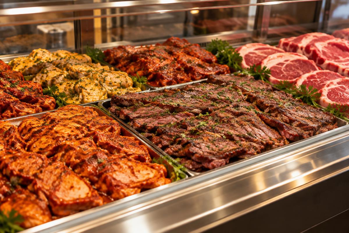 Illustrative photo of assorted fresh and marinated meats in a butcher case