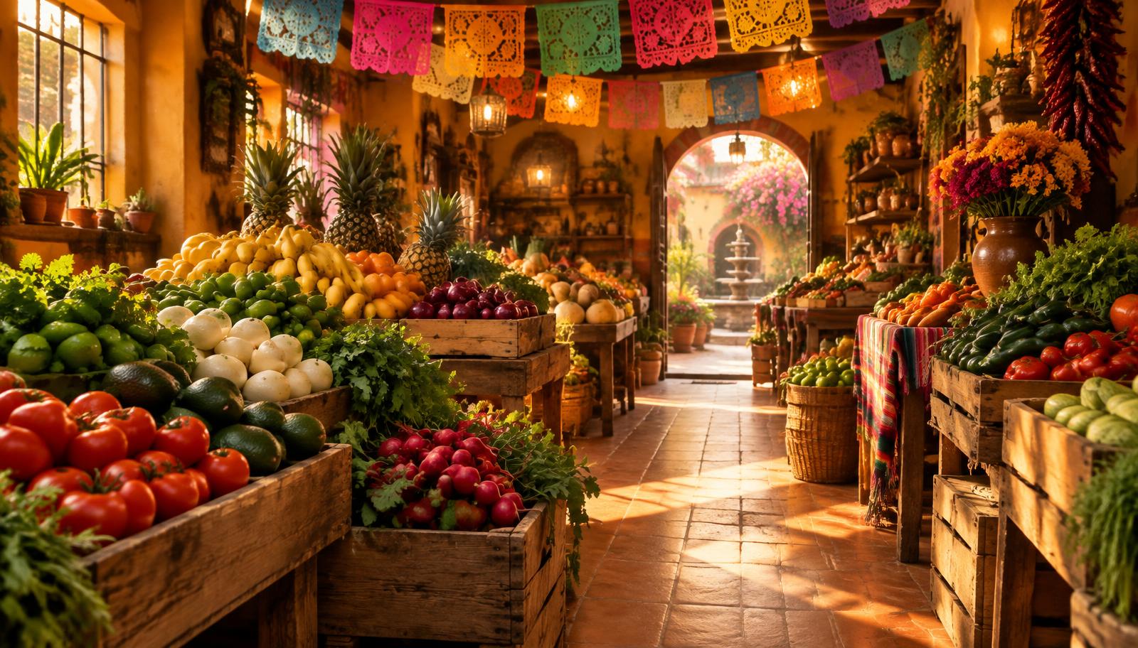 Illustrative photo of a Mexican grocery market aisle with fresh produce